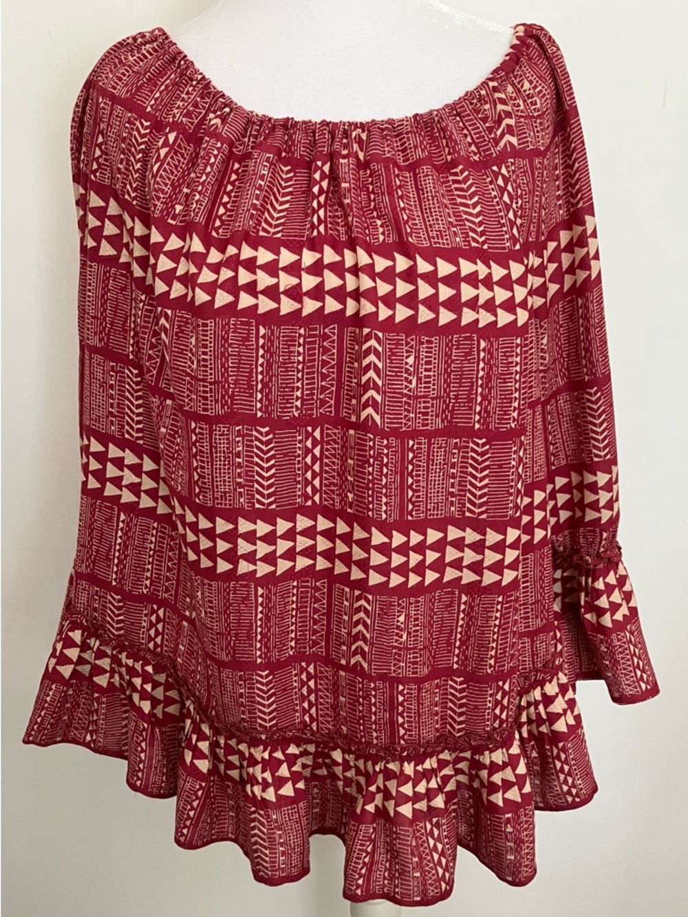 Lucky Brand Red Peplum Blouse Geometric Print Ruffle Bell Sleeves Boho Peasant